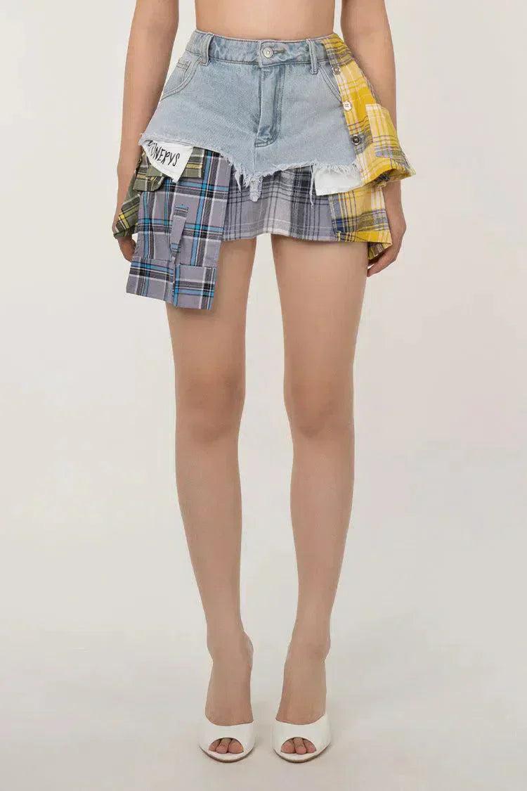Monica – Wstawki w kratkę – Warstwowa denimowa spódniczka